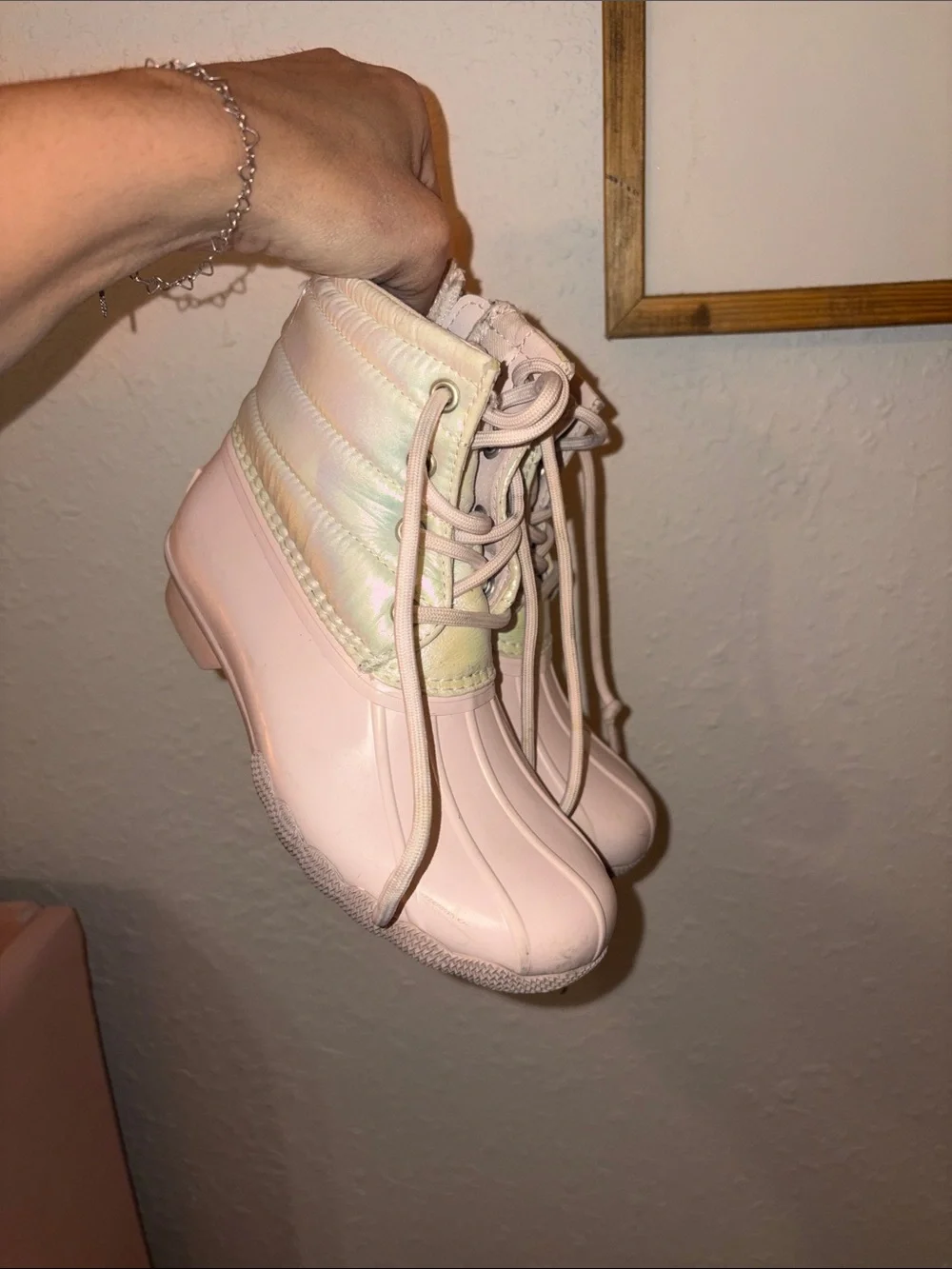 Sperry Girls' Light Pink Lace-Up Duck Rain Boots
